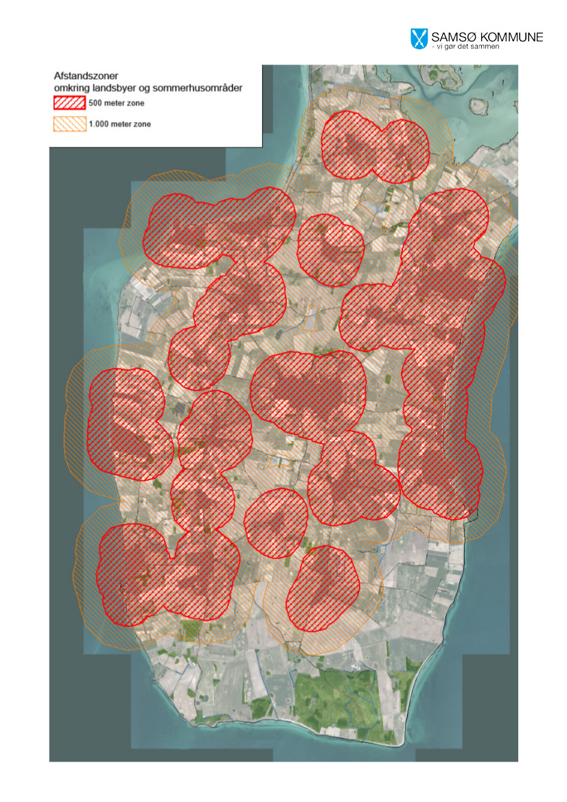 Samsøs landsbyer m afstandszoner 500 og 1000 m